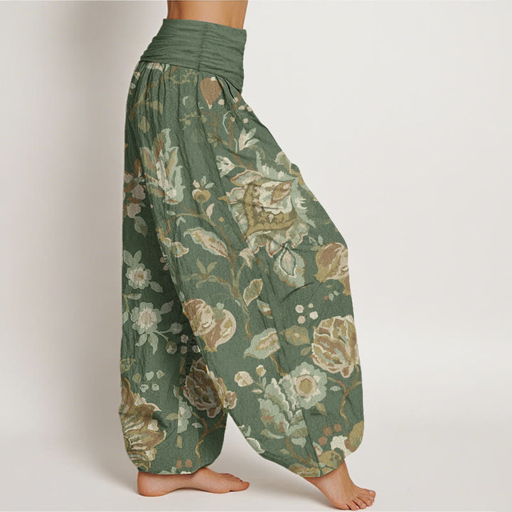 Pantaloni harem da donna in cotone puro con elastico in vita, motivo: Buddha Stones, fiori in fiore e boccioli.