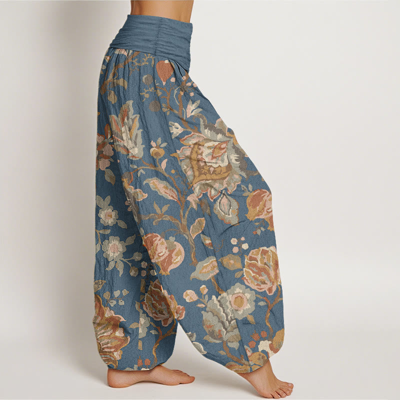 Pantaloni harem da donna in cotone puro con elastico in vita, motivo: Buddha Stones, fiori in fiore e boccioli.