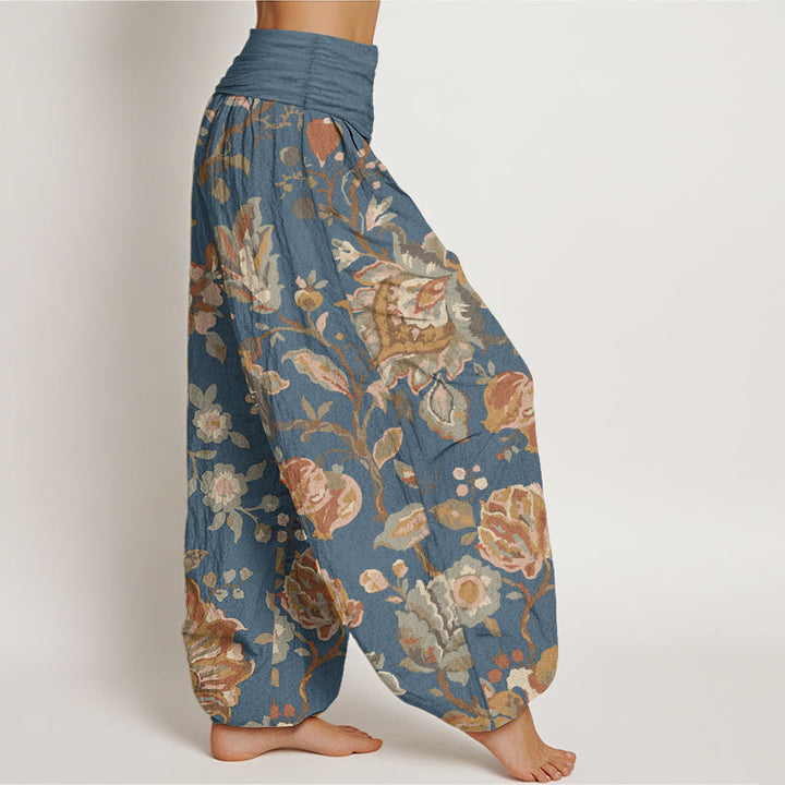 Pantaloni harem da donna in cotone puro con elastico in vita, motivo: Buddha Stones, fiori in fiore e boccioli.