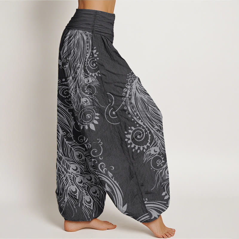 Pantaloni harem da donna con elastico in vita, in puro cotone, casual, con motivo a pavone, motivo Buddha Stones