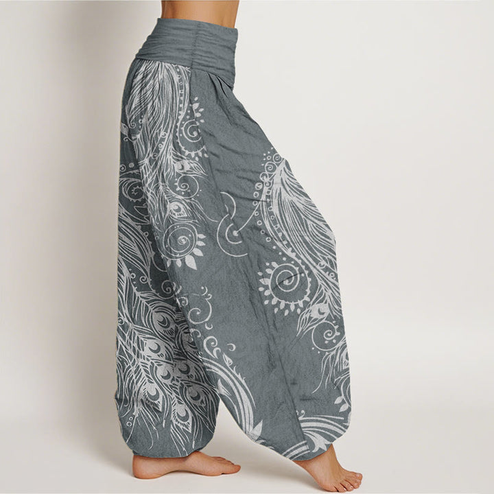 Pantaloni harem da donna con elastico in vita, in puro cotone, casual, con motivo a pavone, motivo Buddha Stones