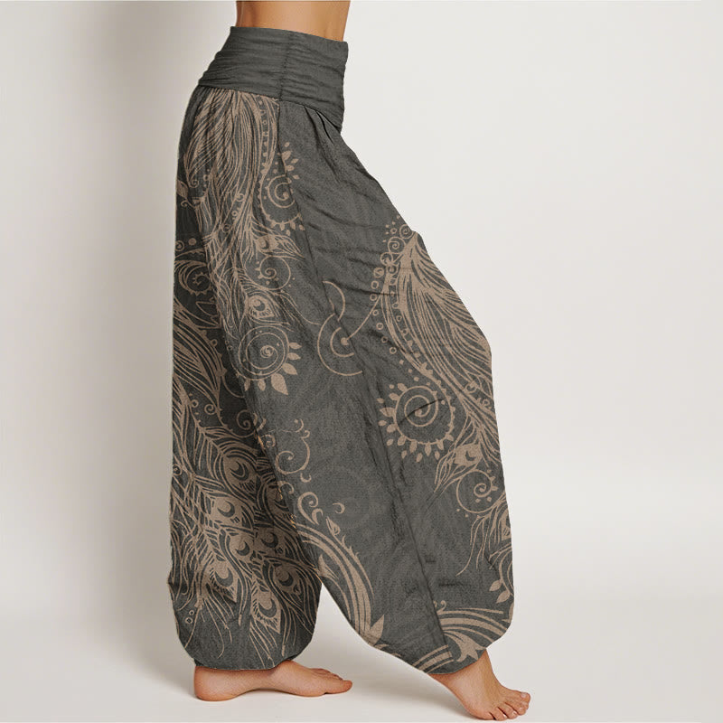 Pantaloni harem da donna con elastico in vita, in puro cotone, casual, con motivo a pavone, motivo Buddha Stones