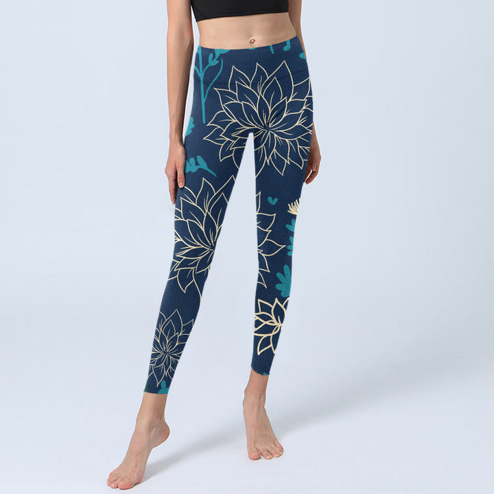 Leggings da palestra con stampa di Buddha Stones, fiori beige e foglie blu, pantaloni da yoga da donna - image 6