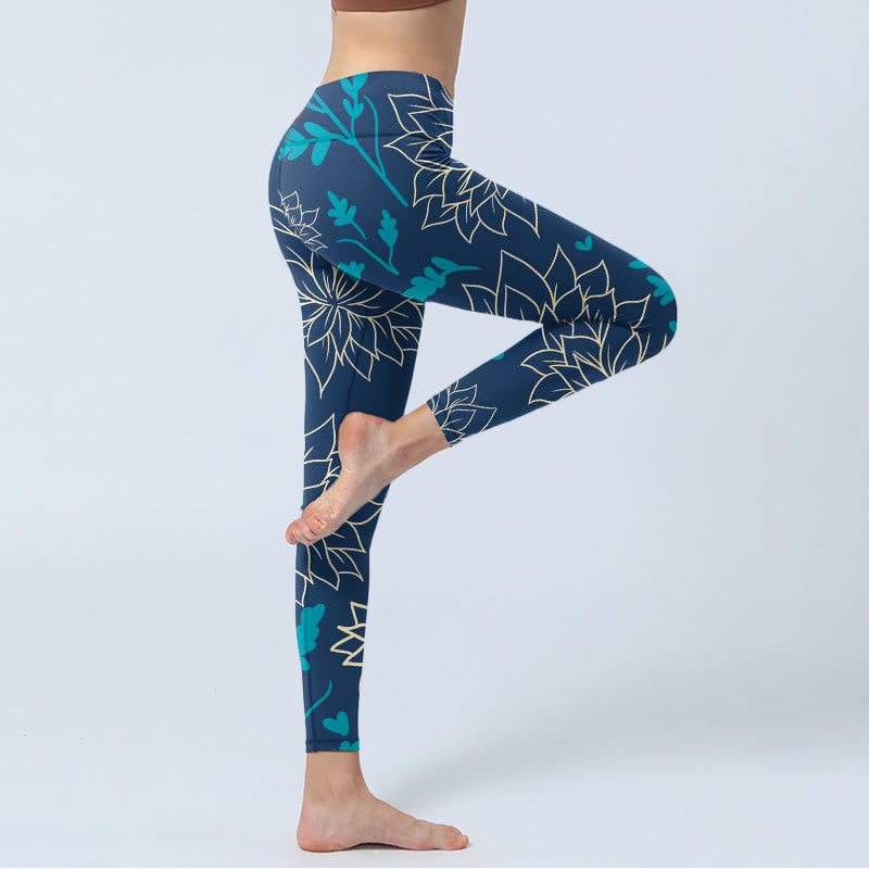 Leggings da palestra con stampa di Buddha Stones, fiori beige e foglie blu, pantaloni da yoga da donna - image 4