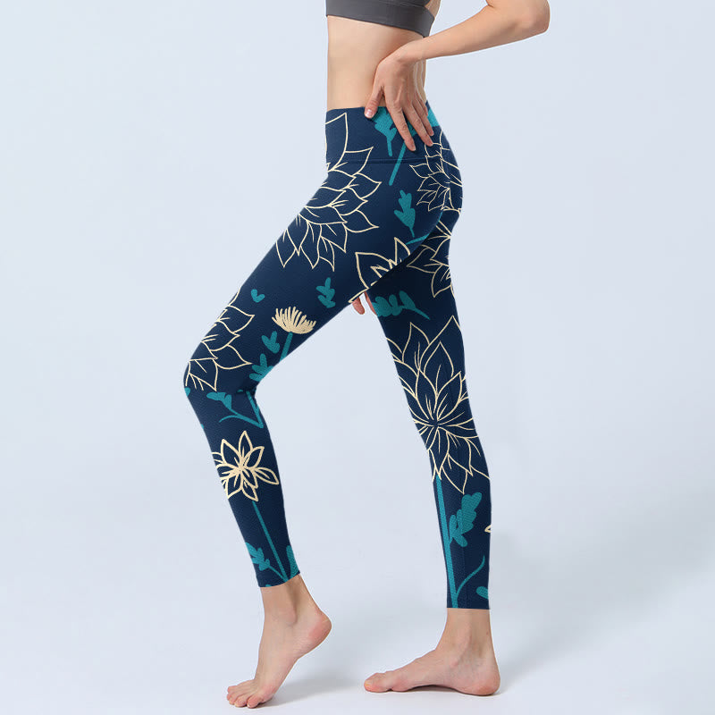 Leggings da palestra con stampa di Buddha Stones, fiori beige e foglie blu, pantaloni da yoga da donna - image 3