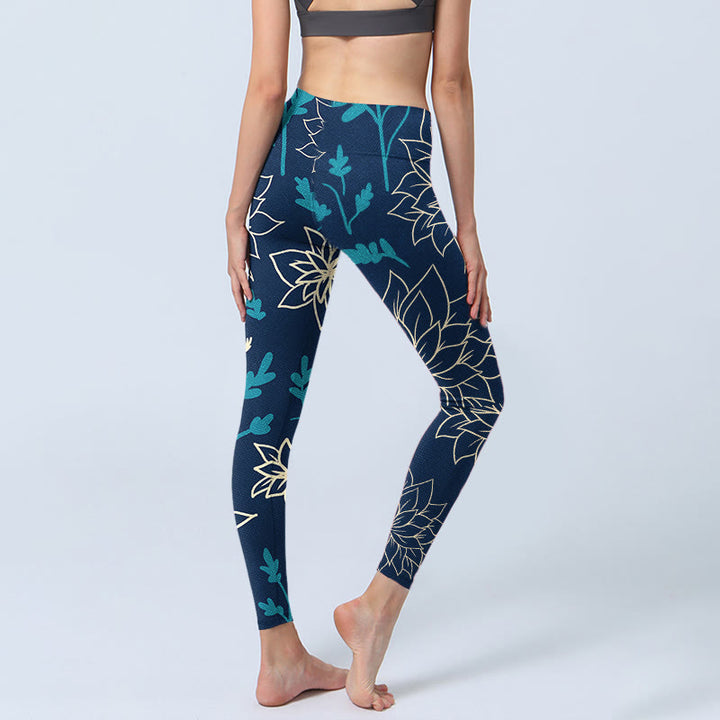 Leggings da palestra con stampa di Buddha Stones, fiori beige e foglie blu, pantaloni da yoga da donna - image 5