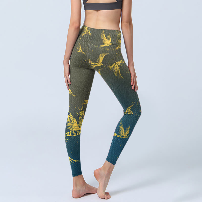 Leggings da palestra con stampa di uccelli volanti dorati Buddha Stones, pantaloni da yoga da donna - image 5