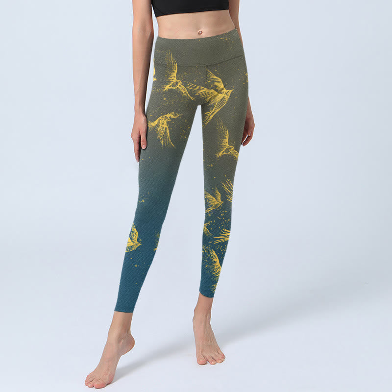 Leggings da palestra con stampa di uccelli volanti dorati Buddha Stones, pantaloni da yoga da donna - image 6