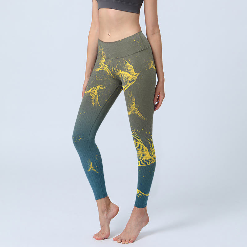 Leggings da palestra con stampa di uccelli volanti dorati Buddha Stones, pantaloni da yoga da donna - Grigio ardesia - US18, UK/AU22, EU50 (4XL) - image 1