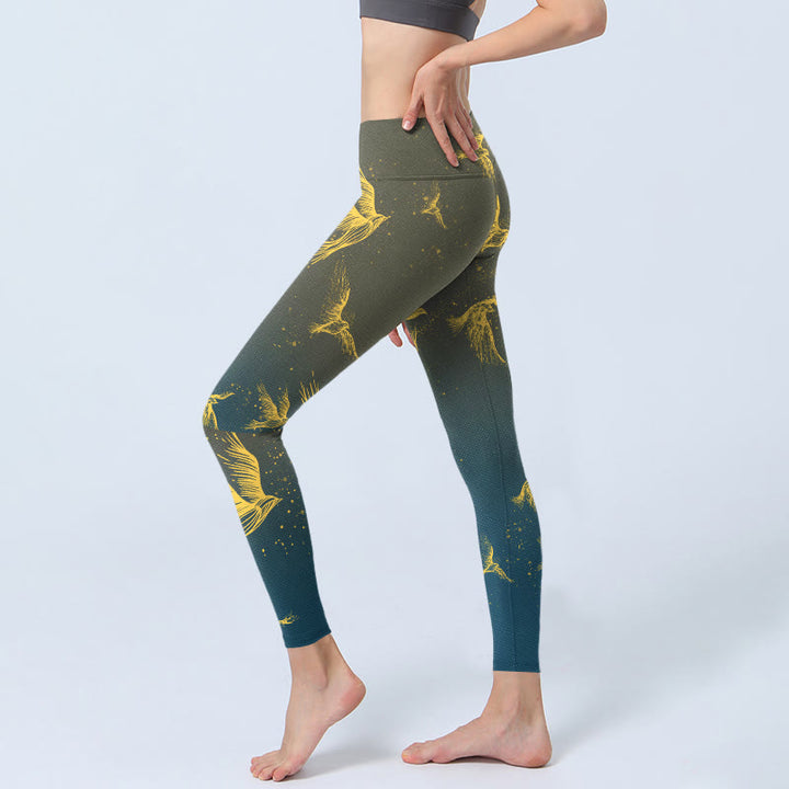 Leggings da palestra con stampa di uccelli volanti dorati Buddha Stones, pantaloni da yoga da donna - image 3