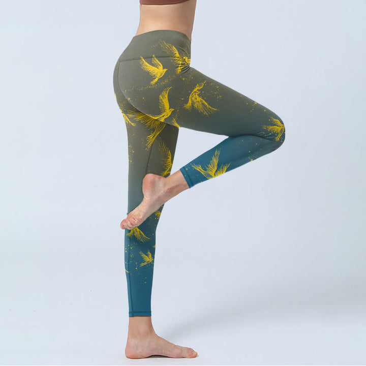 Leggings da palestra con stampa di uccelli volanti dorati Buddha Stones, pantaloni da yoga da donna - image 4
