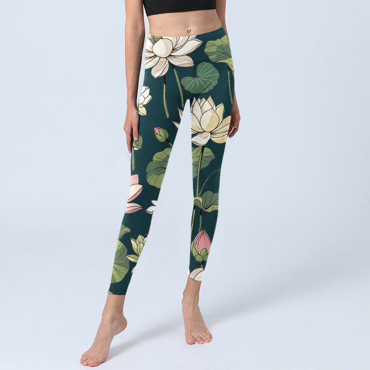 Leggings da palestra con stampa di Buddha Stones, fiori di loto, beige e rosa, da donna, pantaloni da yoga - image 6