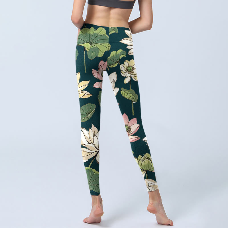 Leggings da palestra con stampa di Buddha Stones, fiori di loto, beige e rosa, da donna, pantaloni da yoga - image 7