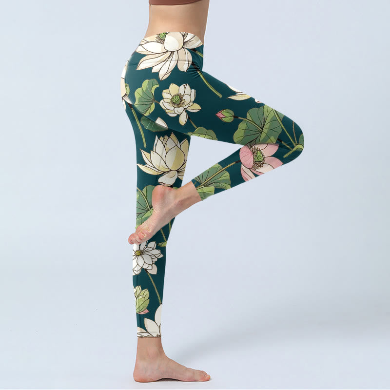 Leggings da palestra con stampa di Buddha Stones, fiori di loto, beige e rosa, da donna, pantaloni da yoga - image 4