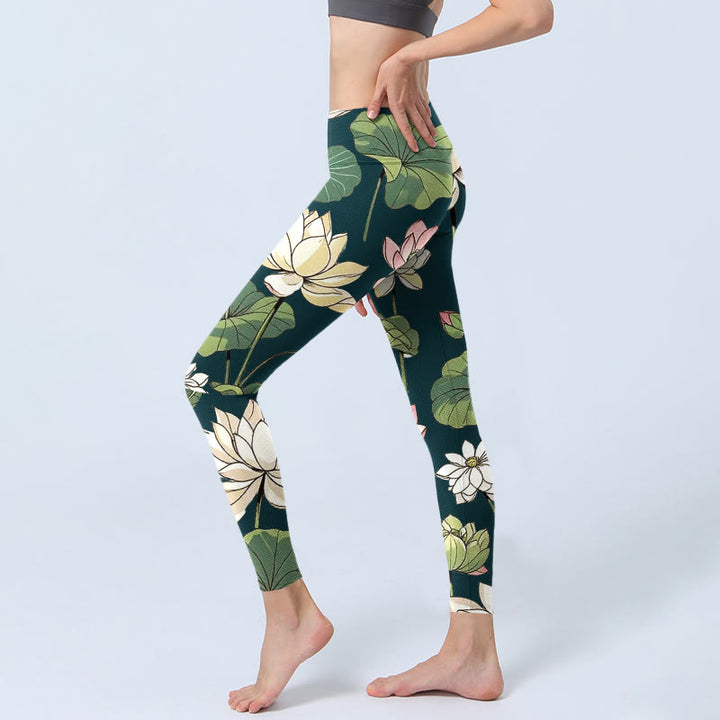 Leggings da palestra con stampa di Buddha Stones, fiori di loto, beige e rosa, da donna, pantaloni da yoga - image 3