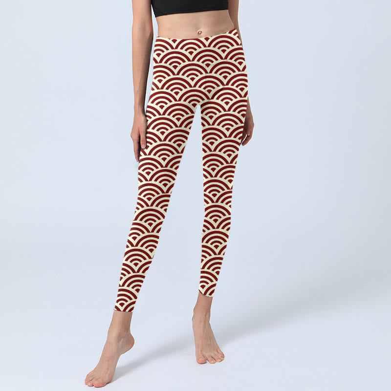 Leggings da palestra con stampa a ventaglio, pantaloni da yoga da donna, con Buddha Stones, rosso e beige - image 6
