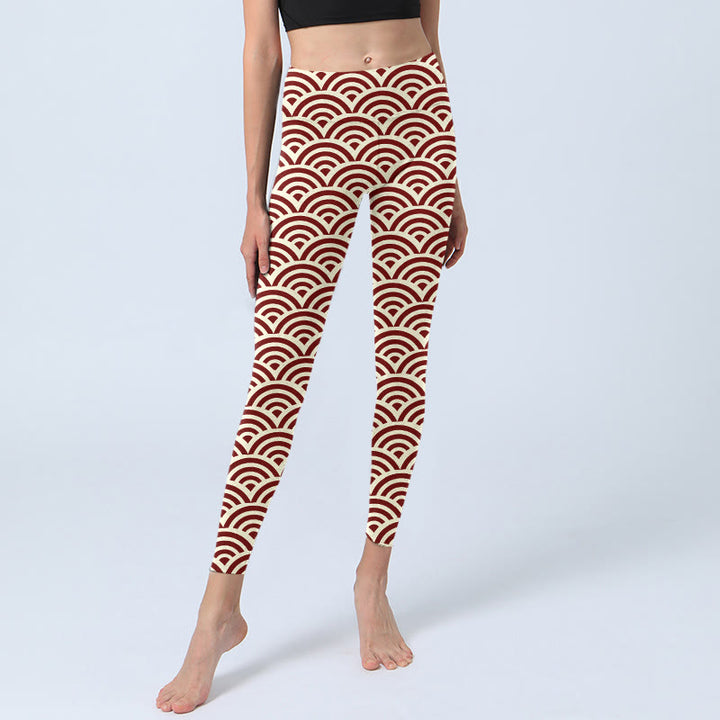 Leggings da palestra con stampa a ventaglio, pantaloni da yoga da donna, con Buddha Stones, rosso e beige - image 6
