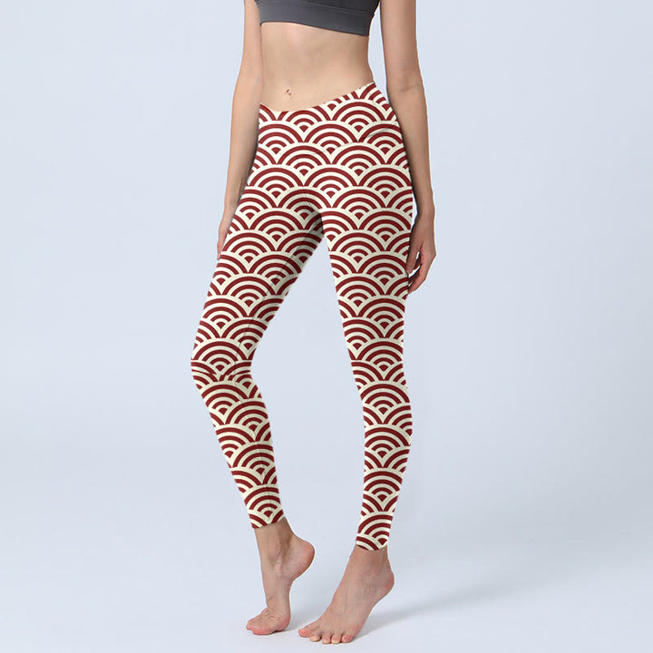 Leggings da palestra con stampa a ventaglio, pantaloni da yoga da donna, con Buddha Stones, rosso e beige - Beige - US18, UK/AU22, EU50 (4XL) - image 1