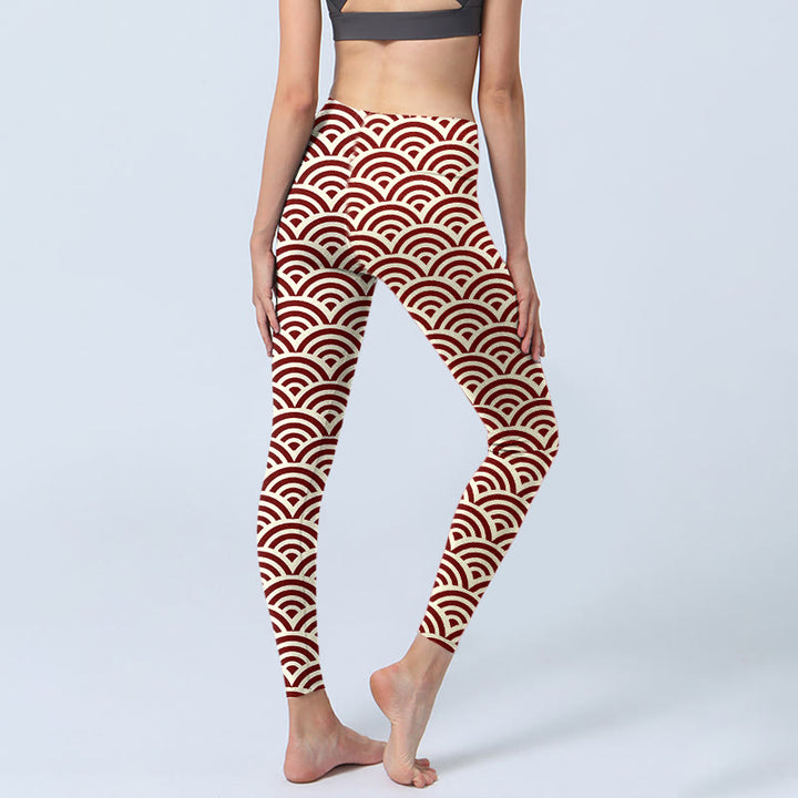 Leggings da palestra con stampa a ventaglio, pantaloni da yoga da donna, con Buddha Stones, rosso e beige - image 5