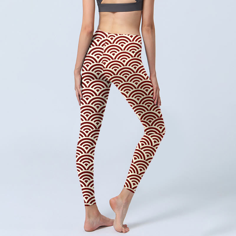 Leggings da palestra con stampa a ventaglio, pantaloni da yoga da donna, con Buddha Stones, rosso e beige - image 4