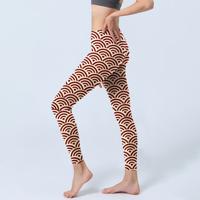 Leggings da palestra con stampa a ventaglio, pantaloni da yoga da donna, con Buddha Stones, rosso e beige - image 3