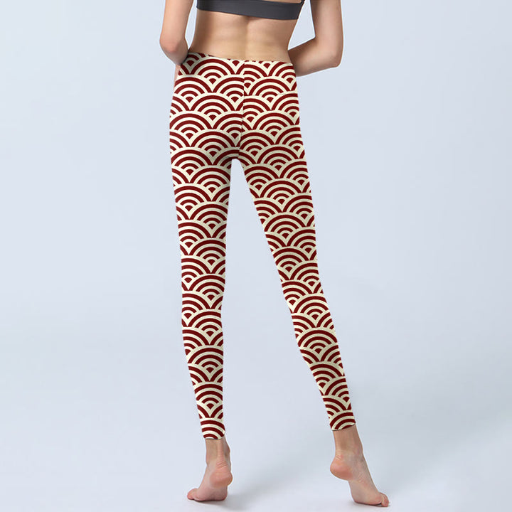 Leggings da palestra con stampa a ventaglio, pantaloni da yoga da donna, con Buddha Stones, rosso e beige - image 6