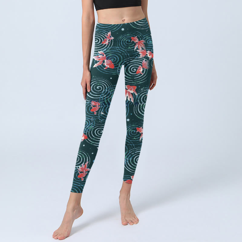 Leggings da palestra con stampa a onde di acqua e pesce koi rosso Buddha Stones, pantaloni da yoga da donna - image 6