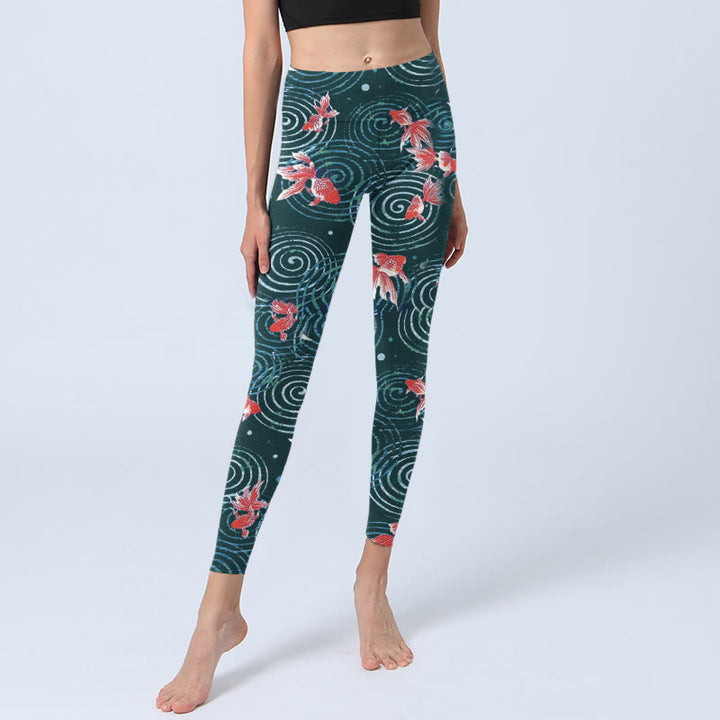 Leggings da palestra con stampa a onde di acqua e pesce koi rosso Buddha Stones, pantaloni da yoga da donna - image 6