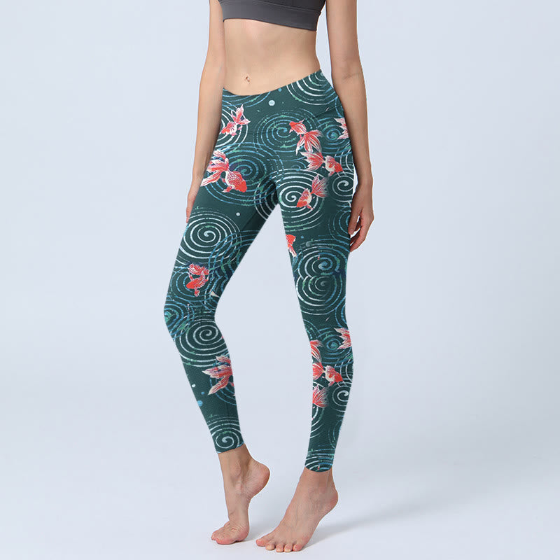 Leggings da palestra con stampa a onde di acqua e pesce koi rosso Buddha Stones, pantaloni da yoga da donna - CadetBlue - US18, UK/AU22, EU50 (4XL) - image 1