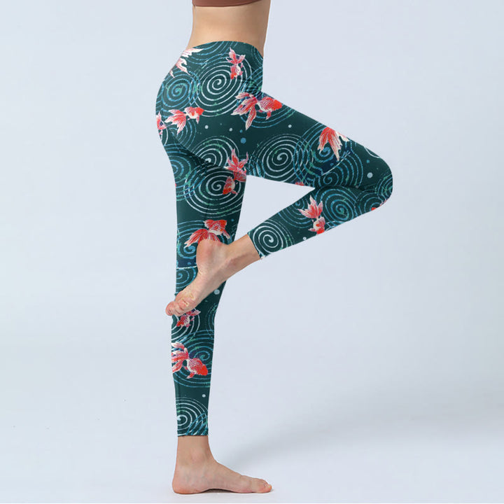 Leggings da palestra con stampa a onde di acqua e pesce koi rosso Buddha Stones, pantaloni da yoga da donna - image 3