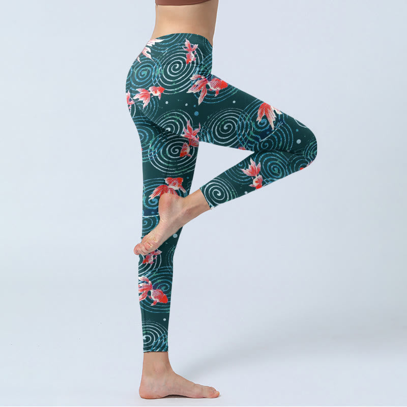 Leggings da palestra con stampa a onde di acqua e pesce koi rosso Buddha Stones, pantaloni da yoga da donna - image 4