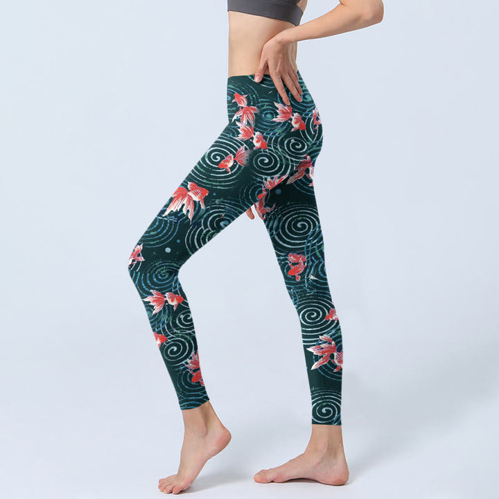Leggings da palestra con stampa a onde di acqua e pesce koi rosso Buddha Stones, pantaloni da yoga da donna - image 3