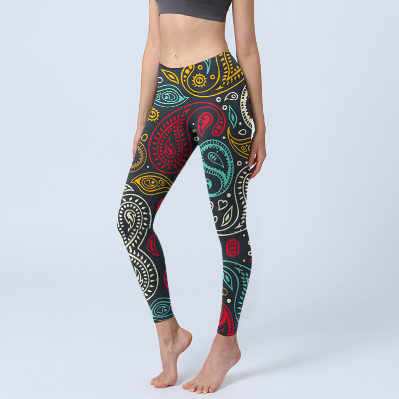 Leggings da palestra con stampa paisley colorata Buddha Stones, pantaloni da yoga da donna - Nero - US18, UK/AU22, EU50 (4XL) - image 1