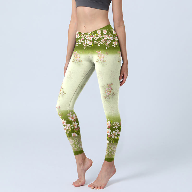 Leggings da palestra con stampa di Buddha Stones, fiori rosa e foglie verdi, pantaloni da yoga da donna - Melata - US18, UK/AU22, EU50 (4XL) - image 1