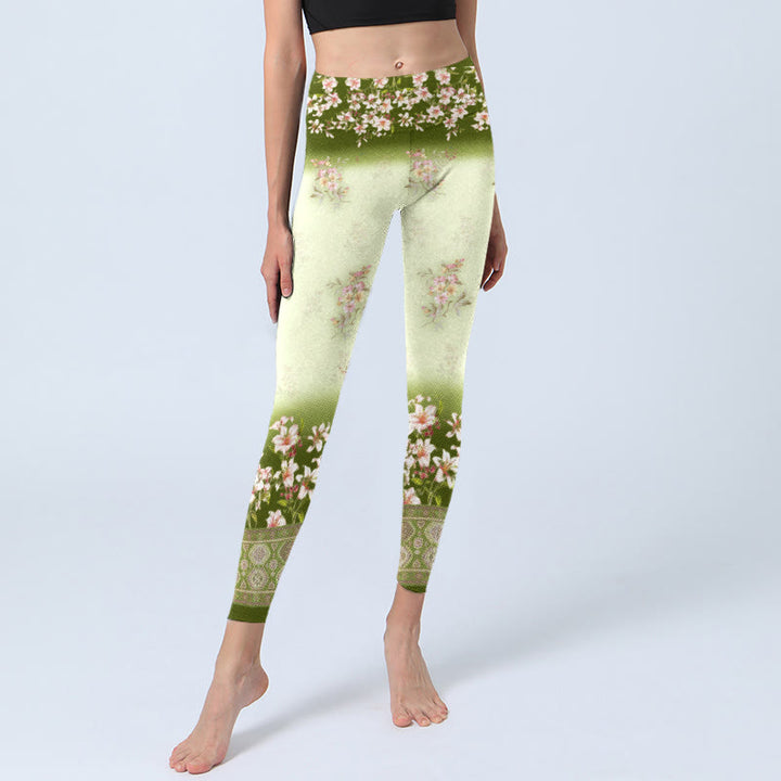 Leggings da palestra con stampa di Buddha Stones, fiori rosa e foglie verdi, pantaloni da yoga da donna - image 5