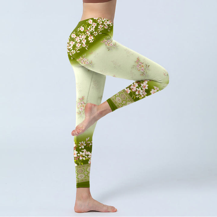 Leggings da palestra con stampa di Buddha Stones, fiori rosa e foglie verdi, pantaloni da yoga da donna - image 4