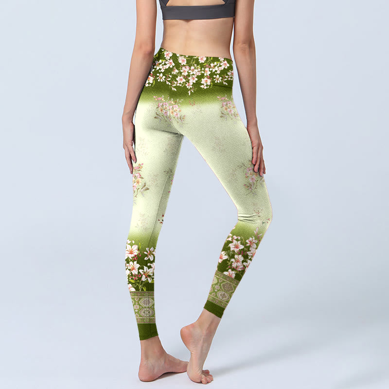 Leggings da palestra con stampa di Buddha Stones, fiori rosa e foglie verdi, pantaloni da yoga da donna - image 5