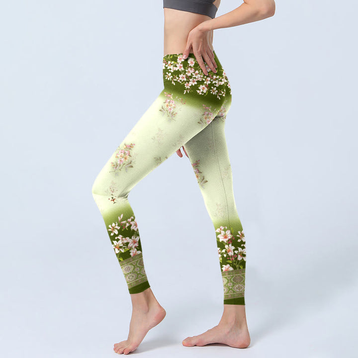 Leggings da palestra con stampa di Buddha Stones, fiori rosa e foglie verdi, pantaloni da yoga da donna - image 3
