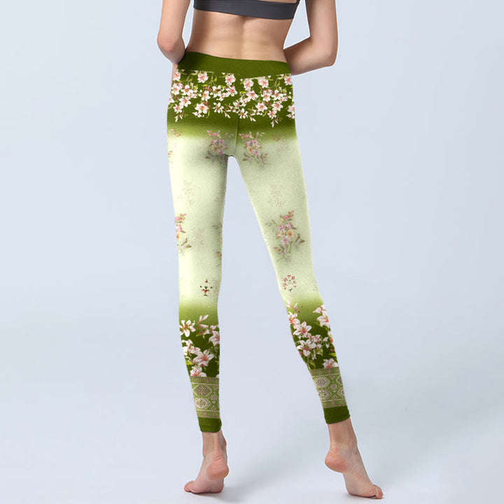 Leggings da palestra con stampa di Buddha Stones, fiori rosa e foglie verdi, pantaloni da yoga da donna - image 6