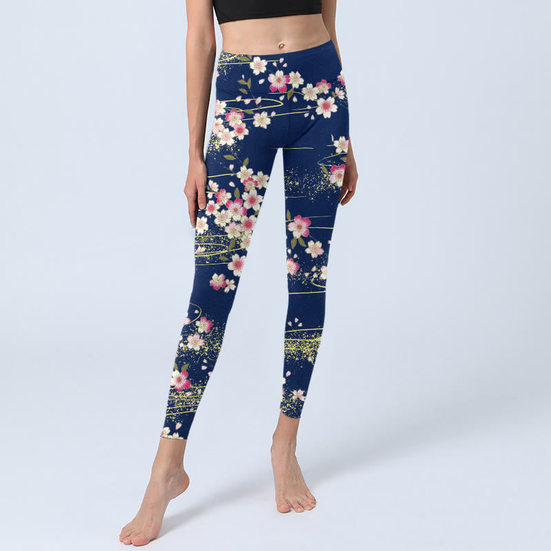 Leggings da palestra con stampa di Buddha Stones, fiori rosa magenta e foglie verdi, pantaloni da yoga da donna - image 6