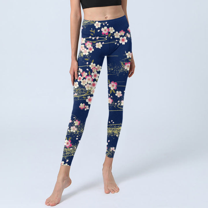 Leggings da palestra con stampa di Buddha Stones, fiori rosa magenta e foglie verdi, pantaloni da yoga da donna - image 6