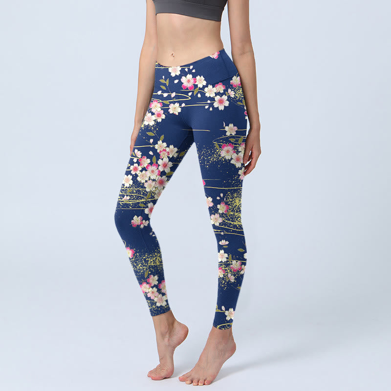 Leggings da palestra con stampa di Buddha Stones, fiori rosa magenta e foglie verdi, pantaloni da yoga da donna - SteelBlue - US18, UK/AU22, EU50 (4XL) - image 0
