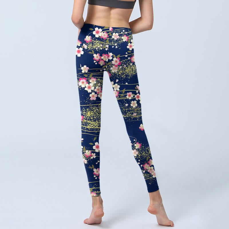Leggings da palestra con stampa di Buddha Stones, fiori rosa magenta e foglie verdi, pantaloni da yoga da donna - image 7