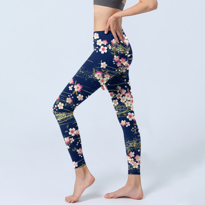 Leggings da palestra con stampa di Buddha Stones, fiori rosa magenta e foglie verdi, pantaloni da yoga da donna - image 2
