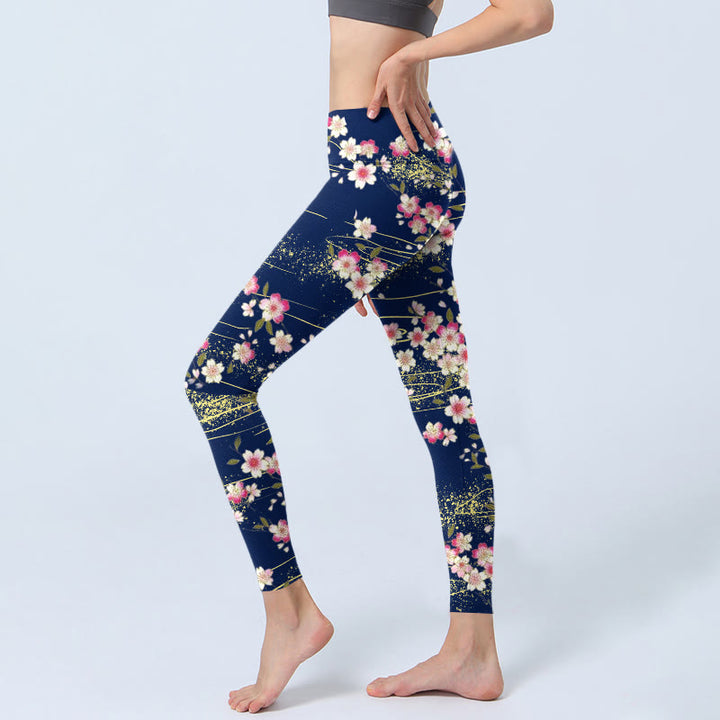 Leggings da palestra con stampa di Buddha Stones, fiori rosa magenta e foglie verdi, pantaloni da yoga da donna - image 3
