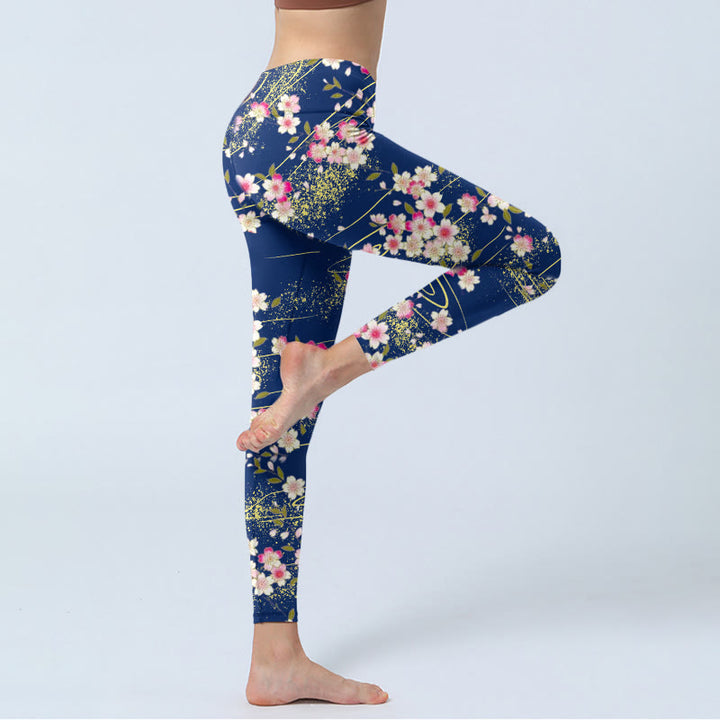 Leggings da palestra con stampa di Buddha Stones, fiori rosa magenta e foglie verdi, pantaloni da yoga da donna - image 3