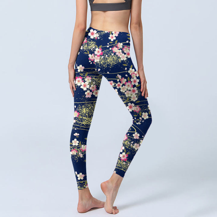 Leggings da palestra con stampa di Buddha Stones, fiori rosa magenta e foglie verdi, pantaloni da yoga da donna - image 5