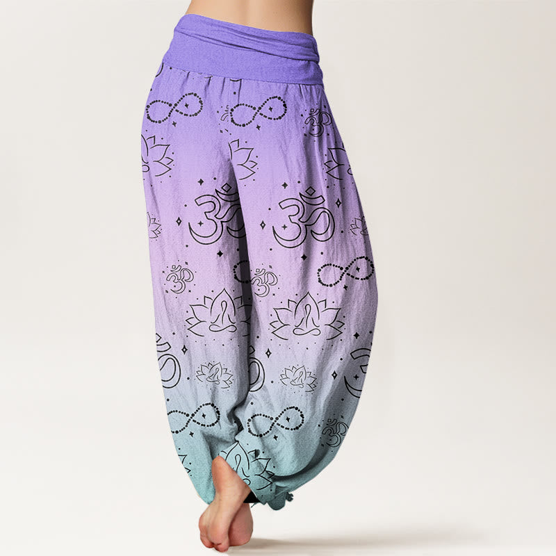 Pantaloni harem da donna con elastico in vita, motivo infinito, in cotone con Buddha Stones, simbolo OM, loto in meditazione - image 1