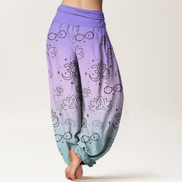 Pantaloni harem da donna con elastico in vita, motivo infinito, in cotone con Buddha Stones, simbolo OM, loto in meditazione - image 1