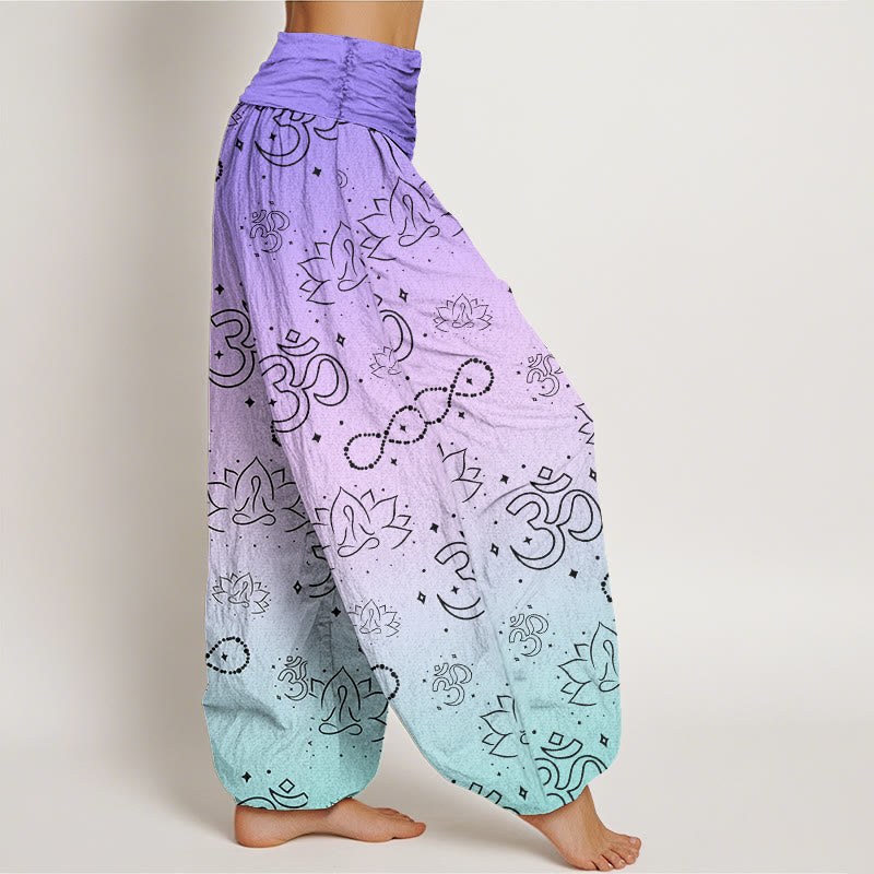 Pantaloni harem da donna con elastico in vita, motivo infinito, in cotone con Buddha Stones, simbolo OM, loto in meditazione - image 2